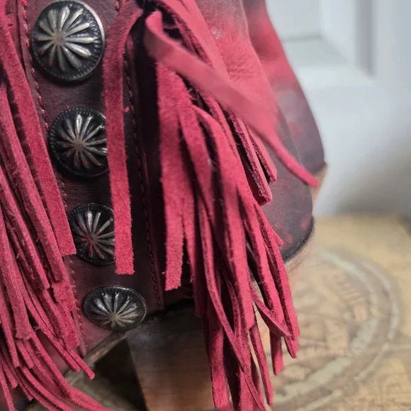 LIBERTY Black Red Fringe Open-Toe Ankle Booties - Picture 2 of 9